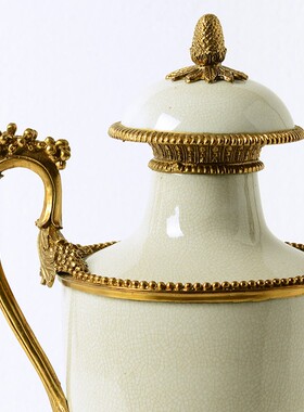 欧式美式家居玄关客厅摆设品软装饰品陶L瓷镶铜装饰双耳盖坛摆件
