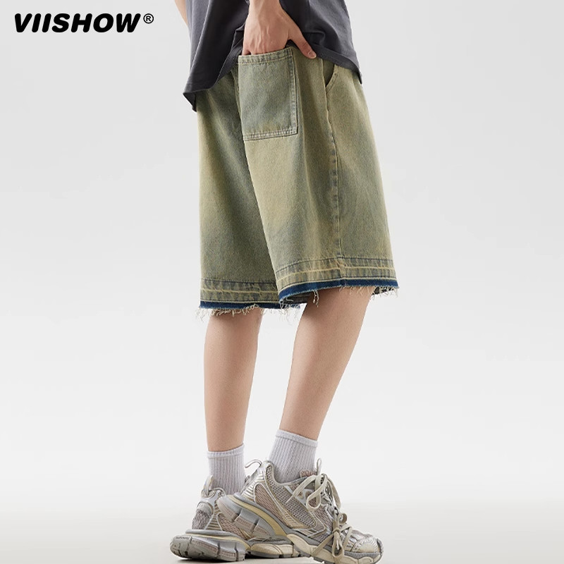 VIISHOW美式复古做旧水洗牛仔短裤男流苏夏季新款宽松直筒五分裤,淘宝优惠券,粉丝福利购,淘宝优惠卷
