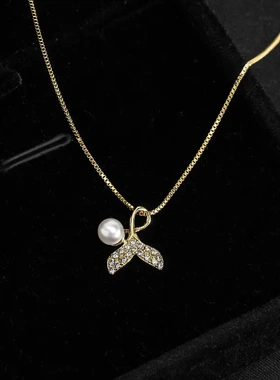 s925银鱼尾珍珠项链女韩版气质冷淡风鱼锁骨链梅陇银饰