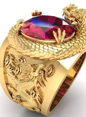 wish货源镀金色霸气龙镶嵌红宝石戒指欧美风流行时尚饰品