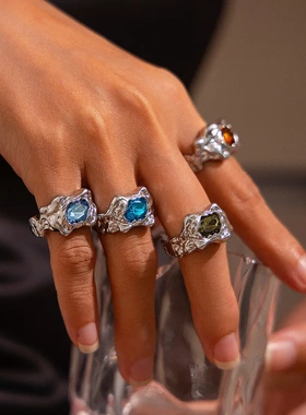 欧美饰品 甜酷风复古镶嵌宝石褶皱戒指 个性几何合金戒指套装