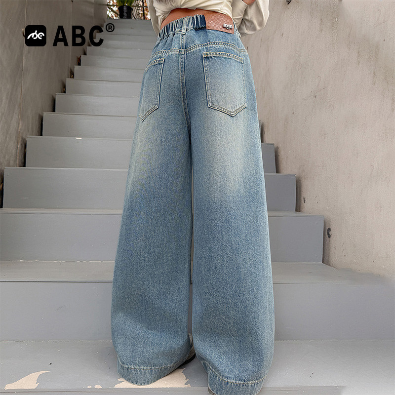 ABC女童春秋牛仔裤2026新款春季贴标拼接阔腿裤中大童时尚休闲裤,淘宝优惠券,粉丝福利购,淘宝优惠卷