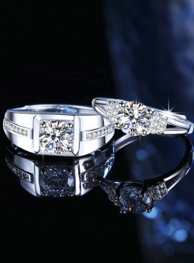 s925纯银情侣戒指女时尚经典一克拉四爪对戒求婚开口指环