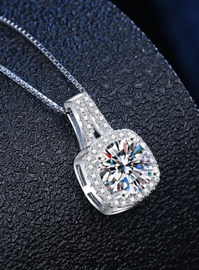 s925纯银莫桑石项链女公主方形吊坠简约小众气质潮锁骨链礼物