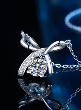 s925纯银正品莫桑石蝴蝶结项链女欧美简约轻奢吊坠锁骨链饰品