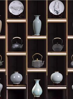 中式茶室摆件套装艺术品博古架茶柜茶壶茶道摆件装饰铁壶陶瓷花瓶