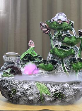 中式荷花流水招财喷泉摆件客厅桌面家居循环水景装饰开 业乔迁送