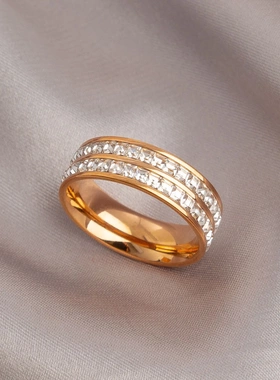 钛钢不掉色双排满钻戒指女小众设计情侣对戒时尚个性冷淡风食指环