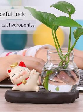 可爱招财猫水培花瓶桌面摆