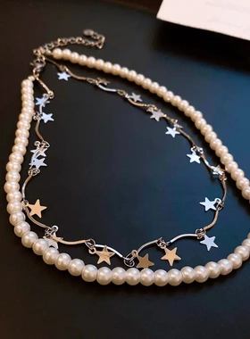 东大门双层星星流苏珍珠项链女锁法式气质骨链复古高级感项饰秋冬
