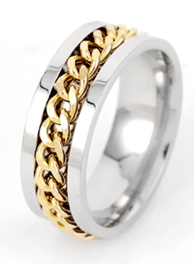 热销钛钢饰品 欧美风不锈钢镂空 可转动链条 磨砂戒指男