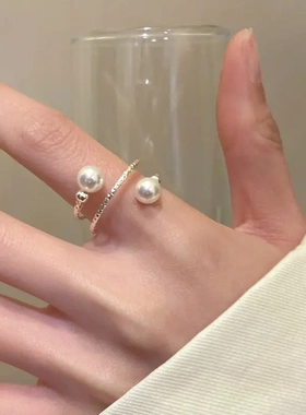 法式气质多层素圈珍珠开口戒指简约潮流食指戒复古个性百搭手饰女