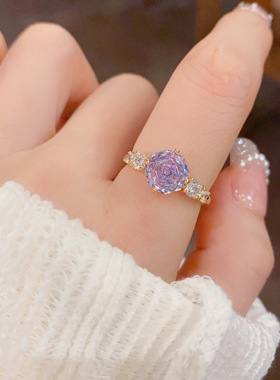 韩版精致时尚百搭玫瑰冰花切锆石开口戒个性轻奢甜美设计感食指戒