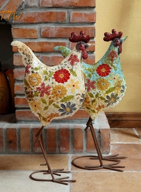 美式乡村铁d艺彩色碎花公鸡别墅花园庭院客厅落地店铺装饰软装摆