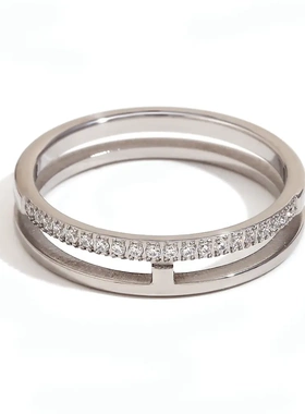 欧美时尚气质个性小众爆款手饰不锈钢镀18k金简约双层排钻戒指女