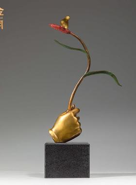 铜金岁月玫瑰枝鸟黄铜器工艺品手持玫瑰花树枝小鸟彩铜工艺品摆件