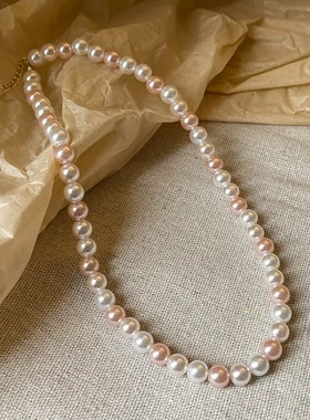 法式轻奢粉色拼色珍珠项链名媛时尚设计锁骨链复古轻奢高级感项饰