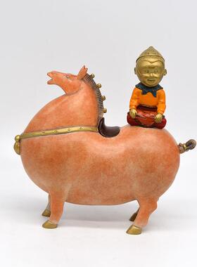 宏达 彩绘创意工艺品铜器 马上封侯 铜器唐马家居礼品摆件