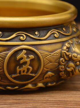 宏达 黄铜压铸刻花虎头聚宝盆 铜器家居吉祥摆件