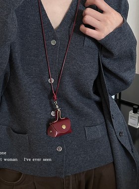 复古皮质耳机套挂件女项链零钱收纳小包配饰锁骨链首饰颈链毛衣链