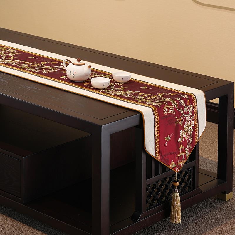 新中式桌旗禅意茶席茶台布艺长条茶几桌布茶桌电视柜垫布红色床旗 - 图0