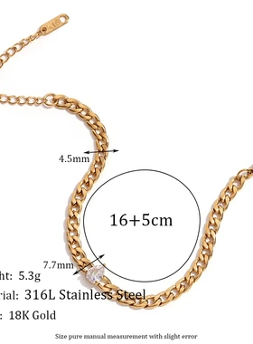 欧美时尚小众简约气质手饰不锈钢镀18k金马眼圆形锆石链条手链女