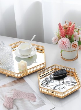 镜面玻璃托盘北欧风金色铁艺收纳盘水果盘家用客厅轻奢装饰品摆件