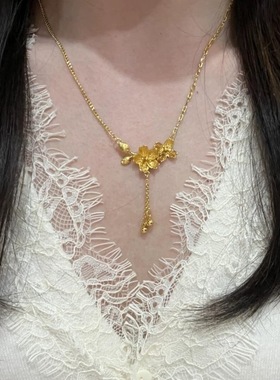 金店同款沙金仿真金999流苏双生花项链桃花链锁骨链三金套链精致