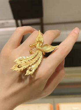 金店同款沙金仿真金凤舞九天戒指古法金色凤凰轻奢婚嫁三金开口戒