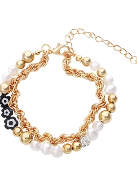 欧美时尚百搭双层麻花项链不规则珍珠拼接锁骨链女