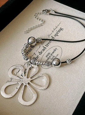 欧美镂空花朵圆珠项链个性冷淡风吊坠毛衣链ins时尚项饰