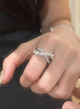 韩系ins花朵珍珠戒指轻奢锆石食指戒时尚百搭高级感手饰