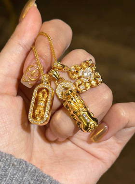 韦雪同款金刚杵貔貅项链 新中式葫芦 镶钻铜钱叠戴金色坠链女