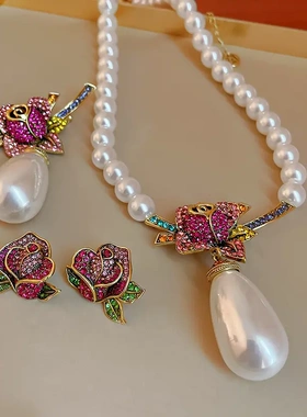 法式珍珠镶钻花朵项链中古时尚气质毛衣链复古百搭高级感饰品