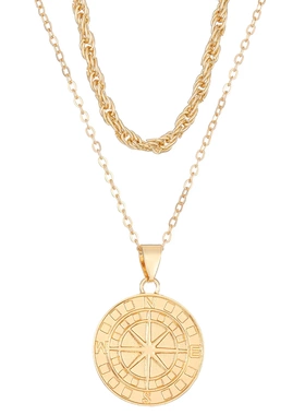 欧美ins风圆盘针项链女朋克嘻哈叠戴双层硬币罗盘吊坠锁骨链