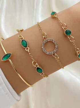 新款欧美手链ins复古镶绿钻方形手链镶钻爱心手链4件套