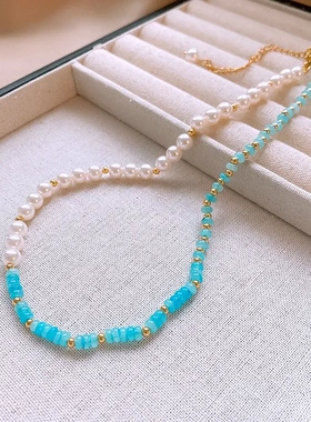 蓝色天河石串珠珍珠项链时尚气质潮流锁骨链新中式轻奢高级感项饰