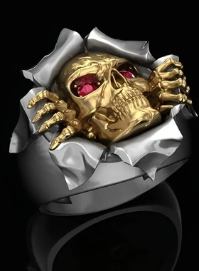 热卖新款欧美骷髅头戒指复古裂纹鬼头戒指摇滚镶红宝石男士指环