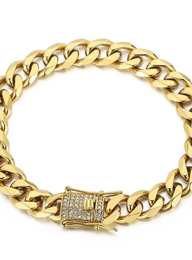 欧美速卖通男士不锈钢古巴链 带钻扣头镀金钛钢镶钻古巴项链