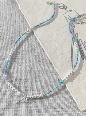 韩系轻奢海水蓝水滴锆石高亮珍珠项链气质名媛风高级感小众锁骨链