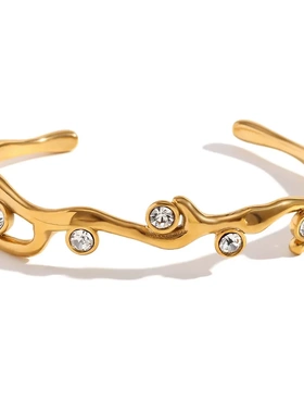 欧美时尚小众设计爆款手饰不锈钢镀18k金创意个性树枝彩钻手镯女