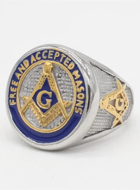 r1582 欧美个性复古共济会男士钛钢戒指 饰品