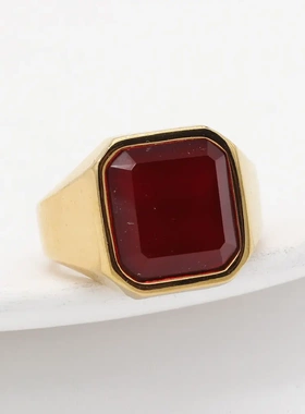 r1184 饰品 个性欧美网红ins方形红宝石男女钛钢戒指