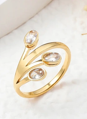 新款 时尚不锈钢饰品 树枝叶子镶钻女士轻奢戒指