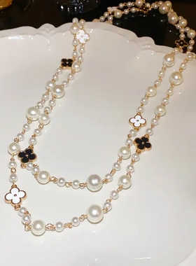 花朵珍珠双层长款项链法式轻奢高级感毛衣链小众设计感饰品女