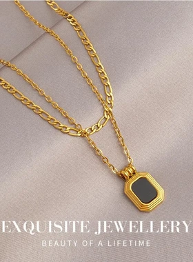 双层叠戴黑色钛钢项链女小众轻奢高级感锁骨链百搭毛衣链配饰