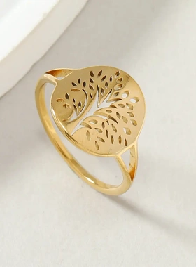 欧美热销不锈钢戒指个性潮流圆牌镂空生命之树戒指指环手饰品