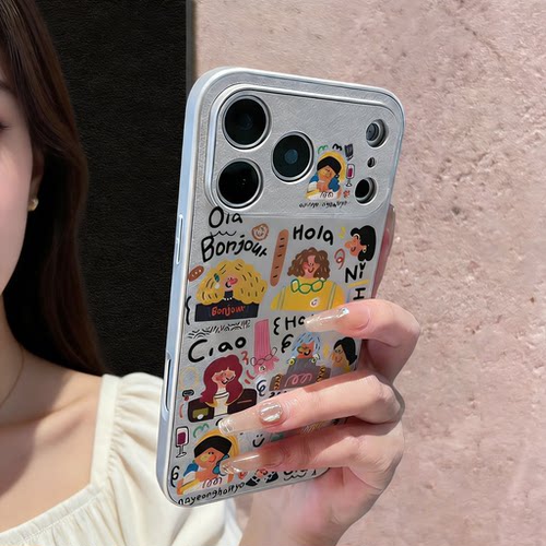 彩色头发女孩小羊皮适用苹果17promax手机壳新款iphone16pro可爱秋冬15女高级感14por全包13涂鸦皮纹12防摔套 - 图3