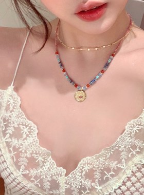 多巴胺天然石玛瑙串珠钛钢项链配饰女轻奢小众高级感锁骨链颈链