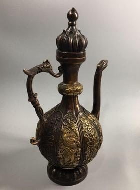 仿古铜器鎏金莲花底高龙壶摆件家居装饰古玩铜器收藏